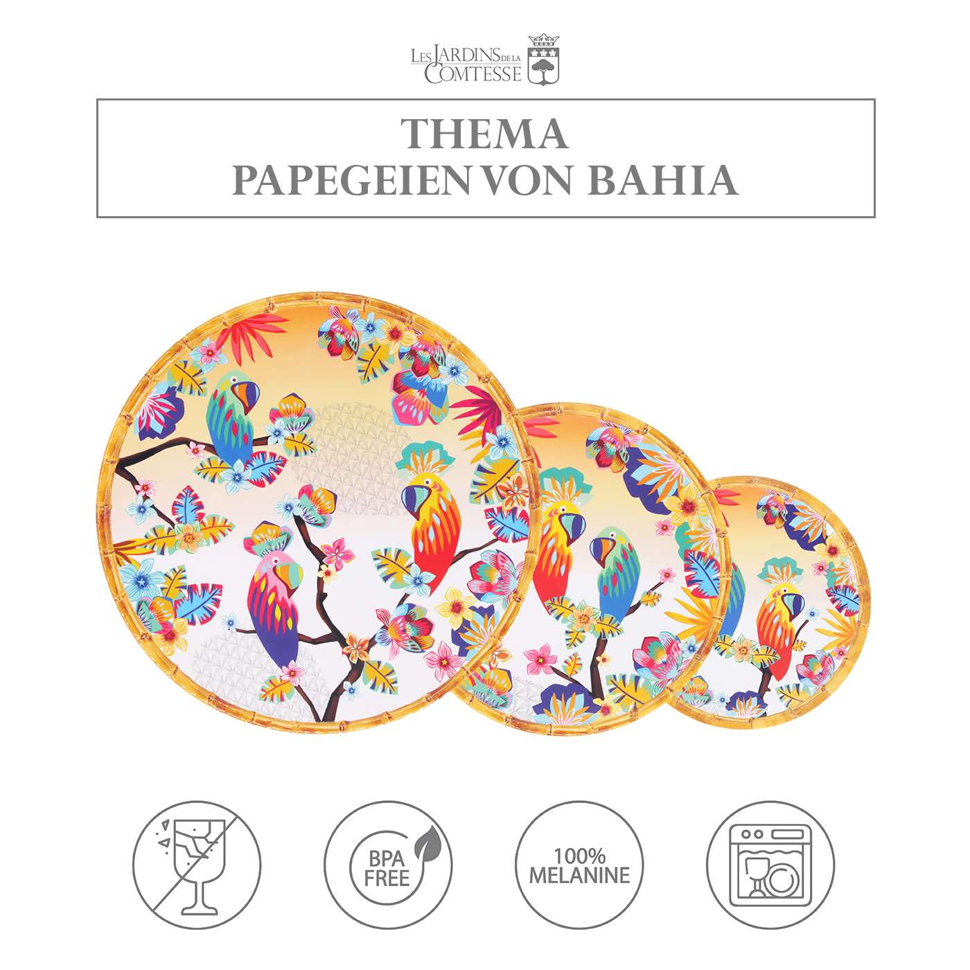 Großer Essteller aus Melamin - Ø 28 cm - Papageien von Bahia