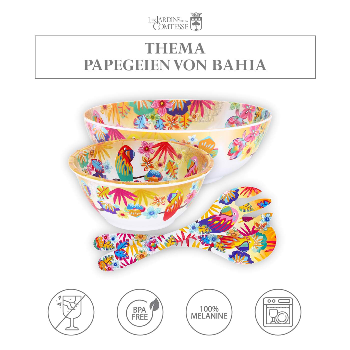 Salatbesteck Pure aus Melamin - 33 cm - Papageien von Bahia