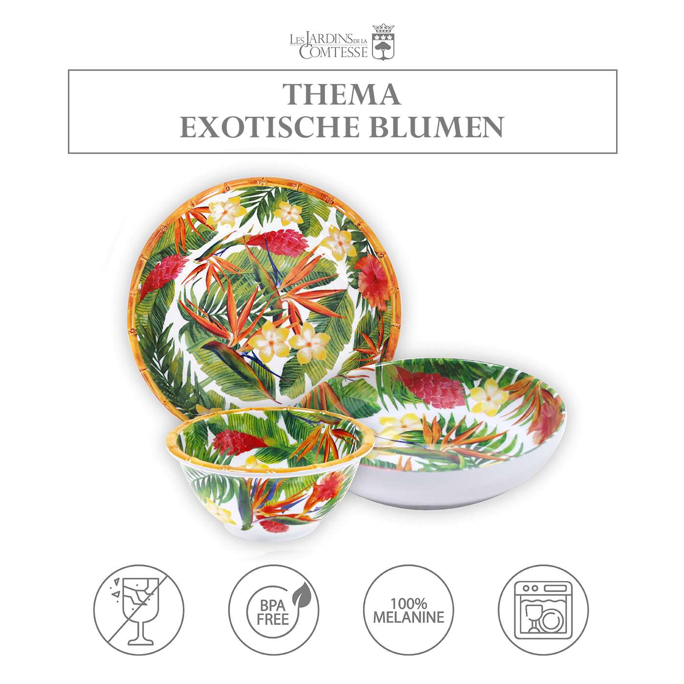Hohlplatte aus reinem Melamin - 20 cm - Exotische Blumen