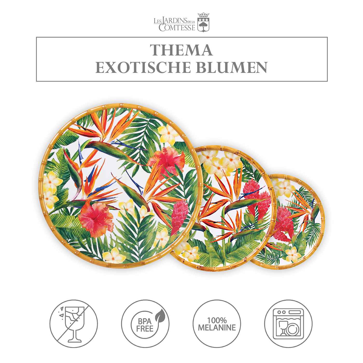 Großer flacher Teller aus reinem Melamin 28 cm - Exotische Blumen
