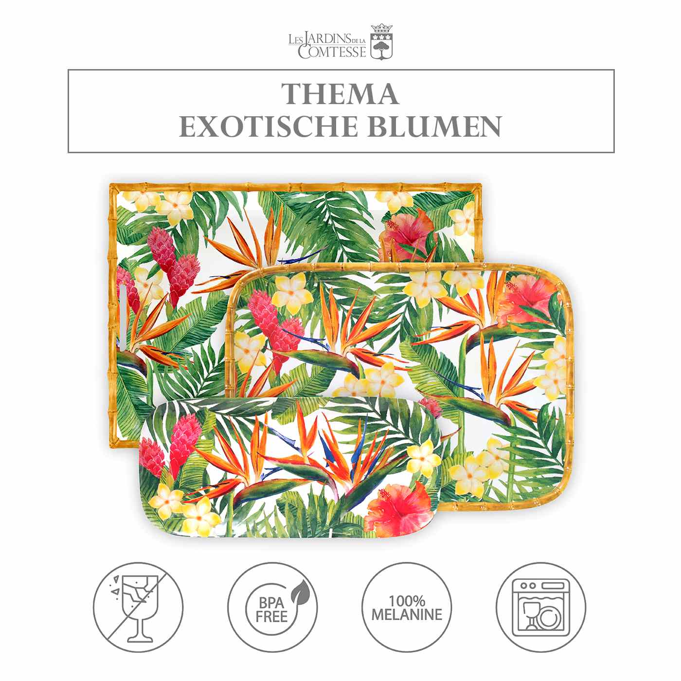 Rechteckiges Tablett mit abgerundeten Ecken - Melamin - 45 cm - Exotische Blumen