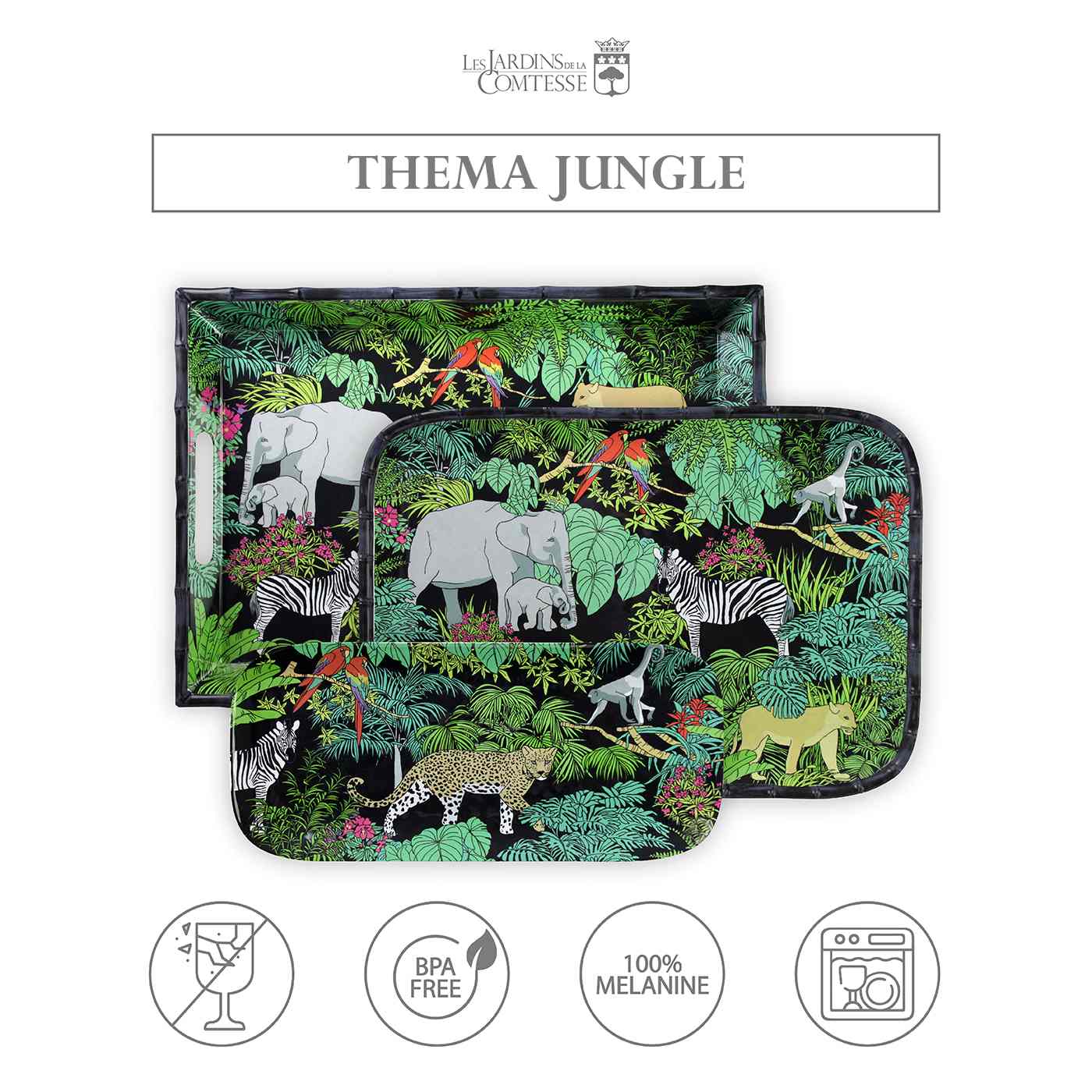 Rechteckiges Tablett mit abgerundeten Ecken - Bambuskontur - reines Melamin - 45 cm - Jungle