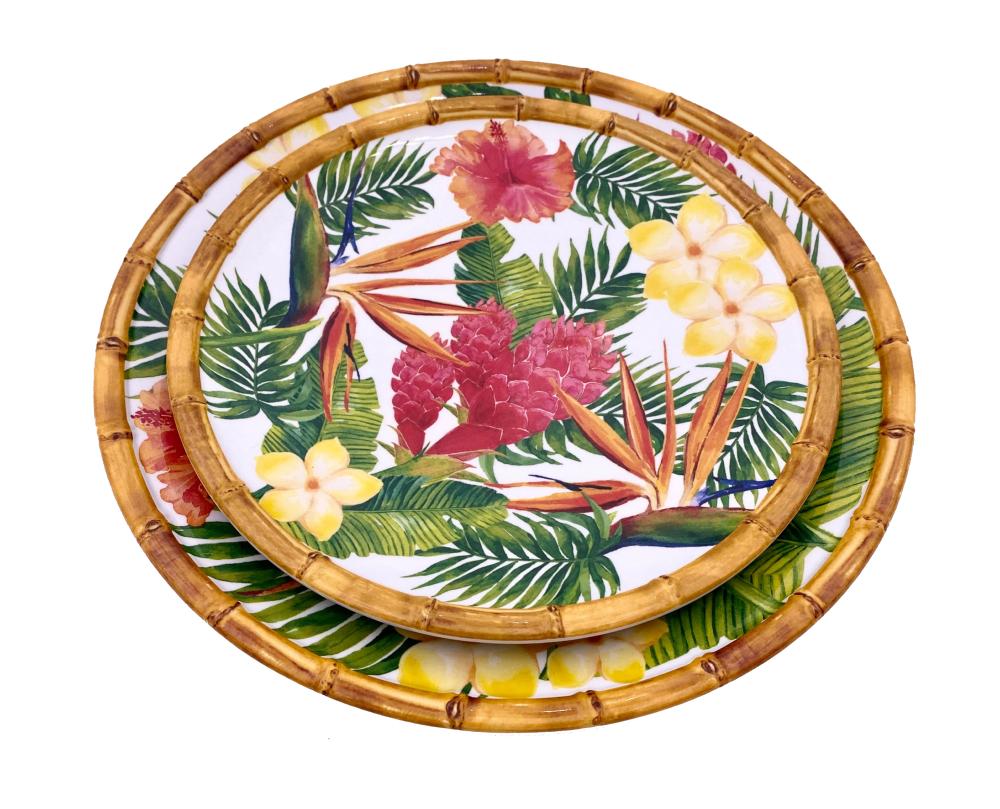 Großer flacher Teller aus reinem Melamin 28 cm - Exotische Blumen