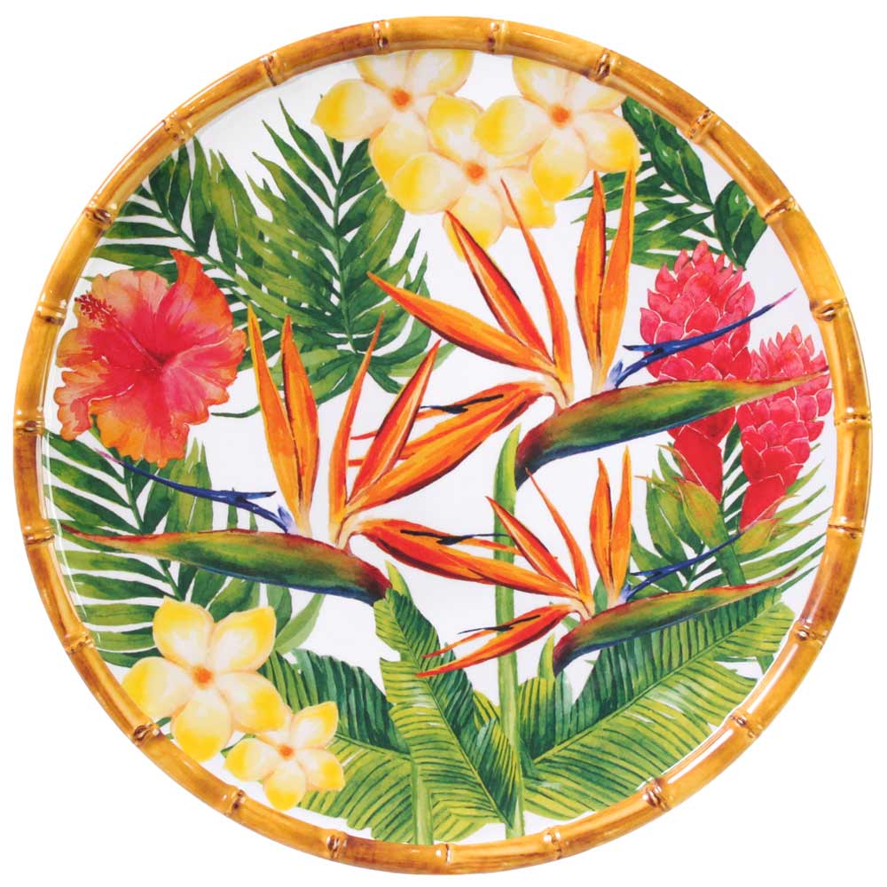 Großer flacher Teller aus reinem Melamin 28 cm - Exotische Blumen