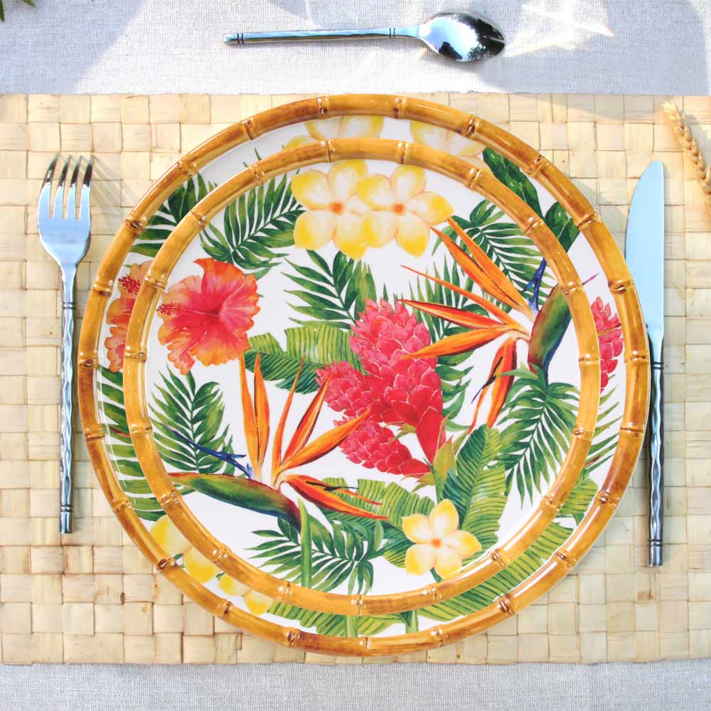 Großer flacher Teller aus reinem Melamin 28 cm - Exotische Blumen