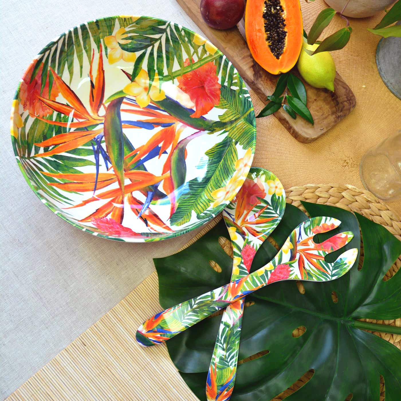 Große Salatschüssel aus reinem Melamin - 31 cm - Exotische Blumen