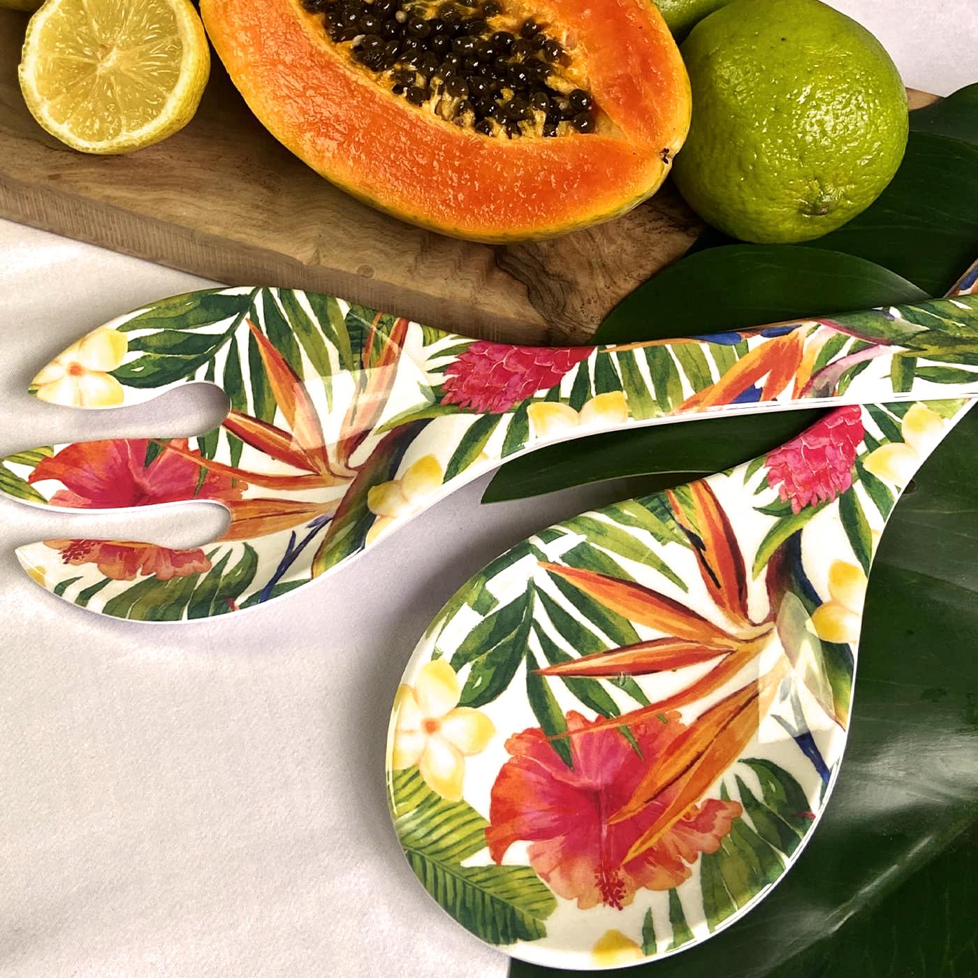 Salatbesteck aus reinem Melamin - Exotische Blumen
