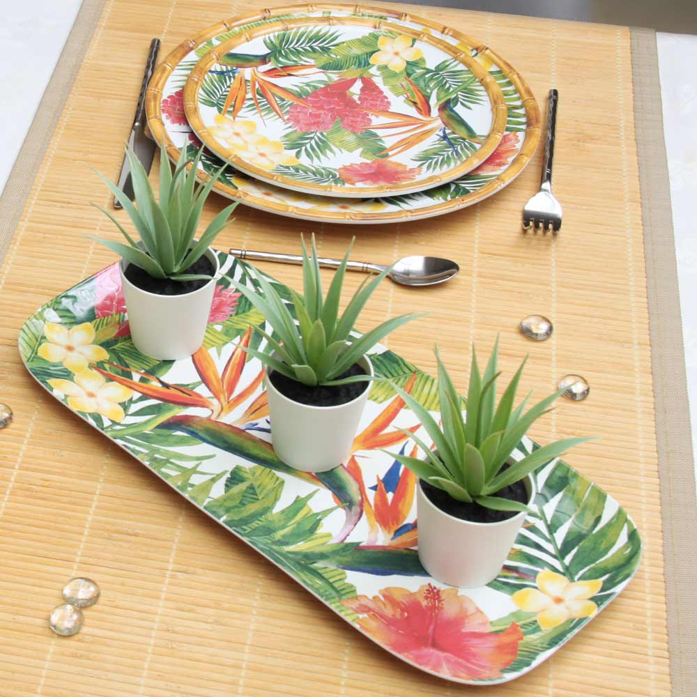 Lange rechteckige Kuchenplatte - reines Melamin - 37,5 cm - Exotische Blumen