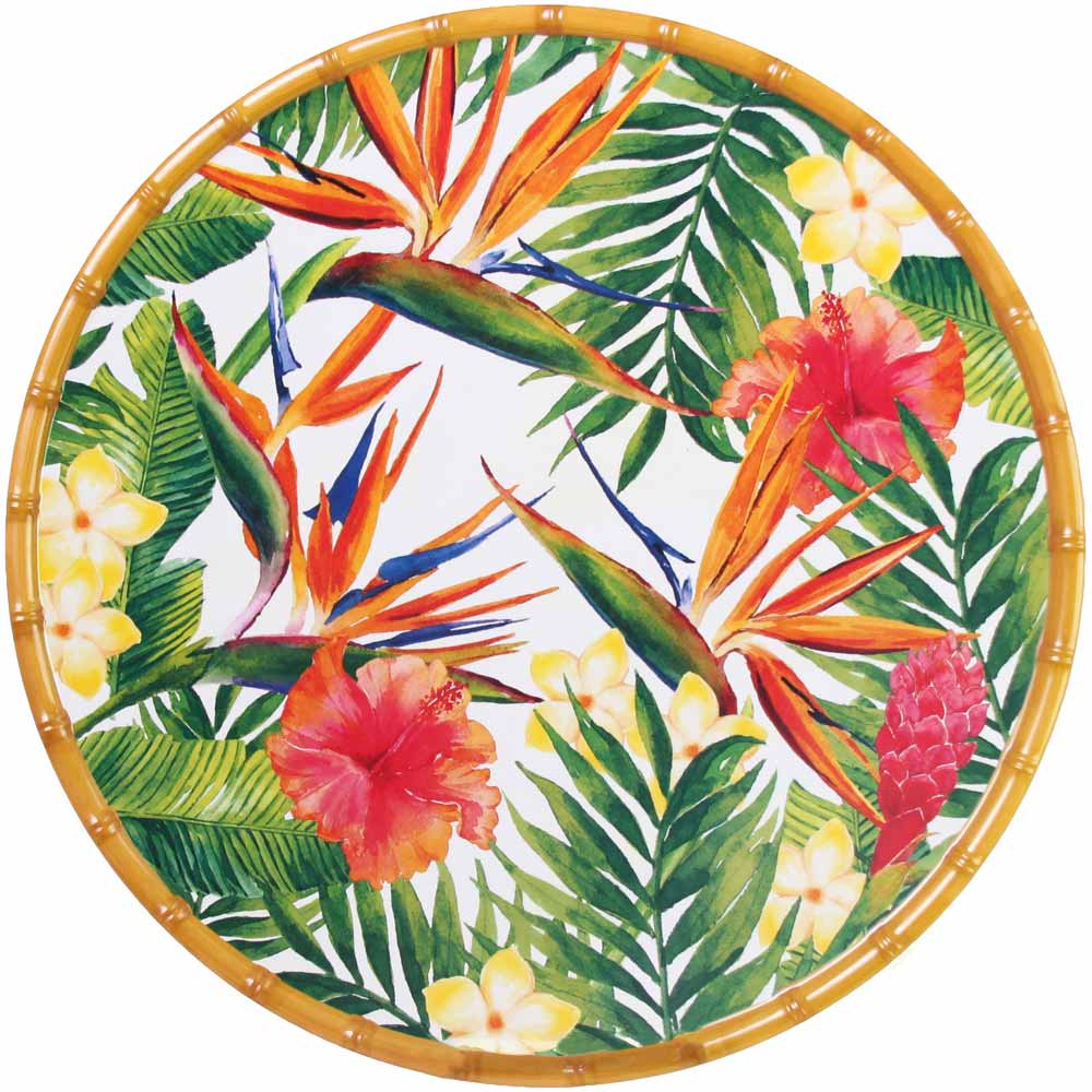 Runder Servierteller - mit Bambusrand - reines Melamin - 35,5 cm - Exotische Blumen