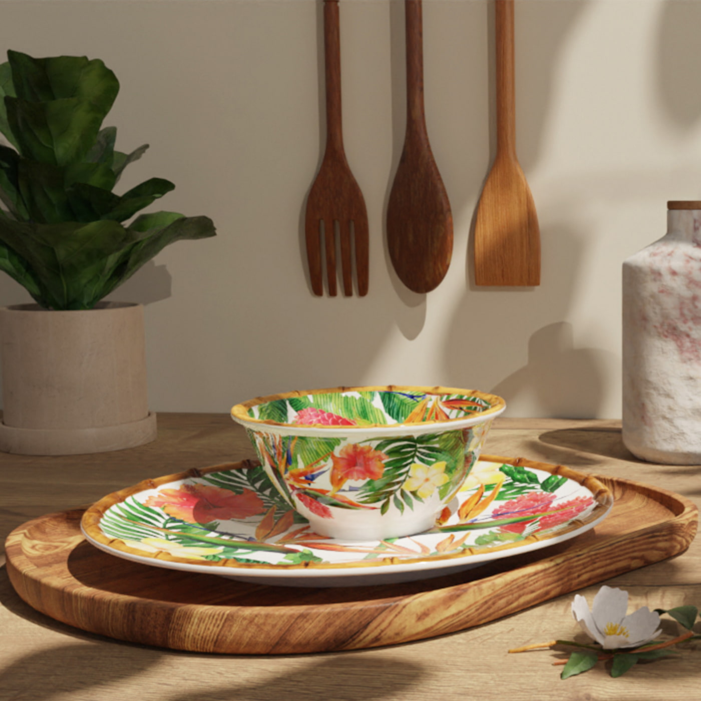 Tiefe, große Salatschüssel - reines Melamin - 25 cm- Exotische Blumen