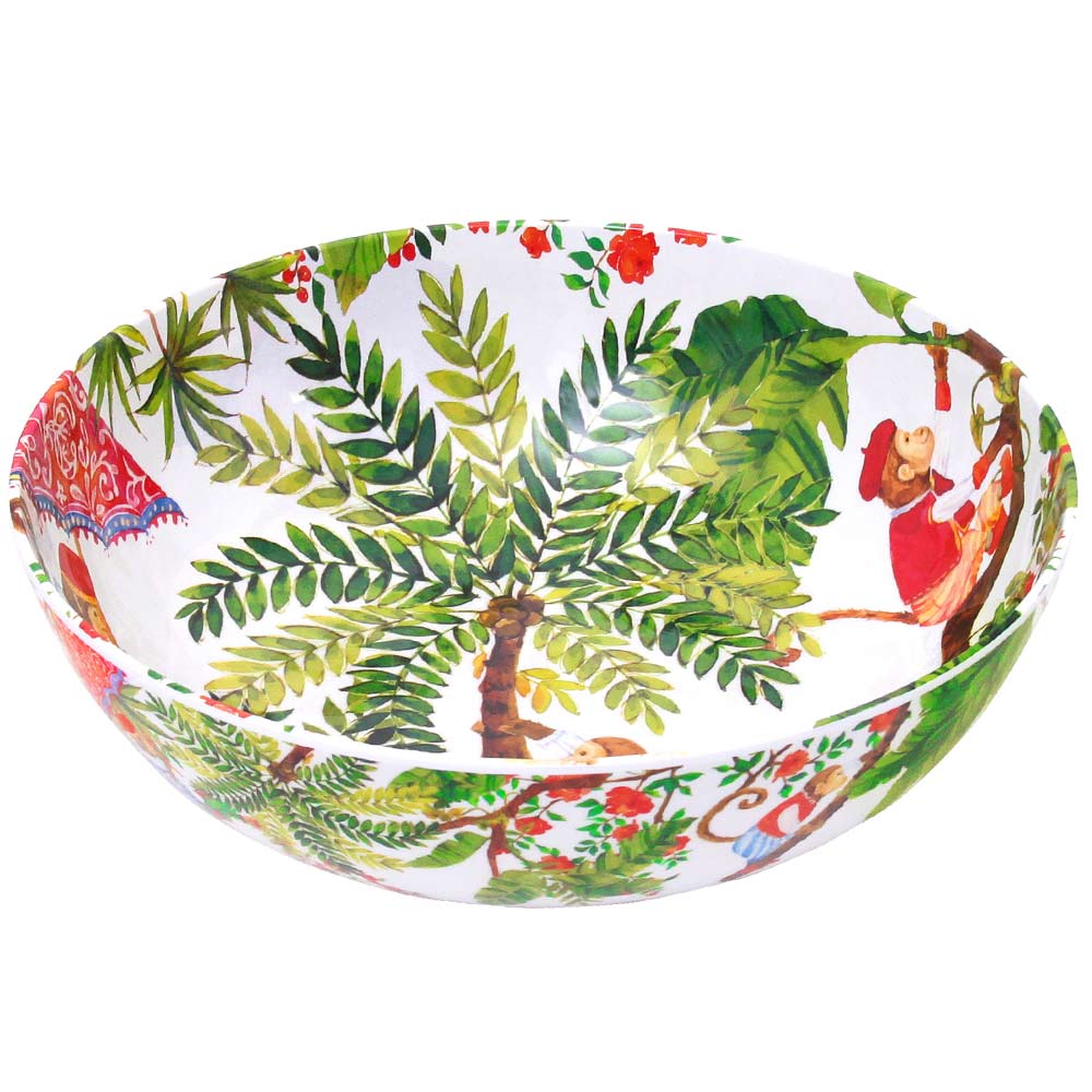 Große Salatschüssel aus reinem Melamin - 31 cm - Dekor Affen aus Bali