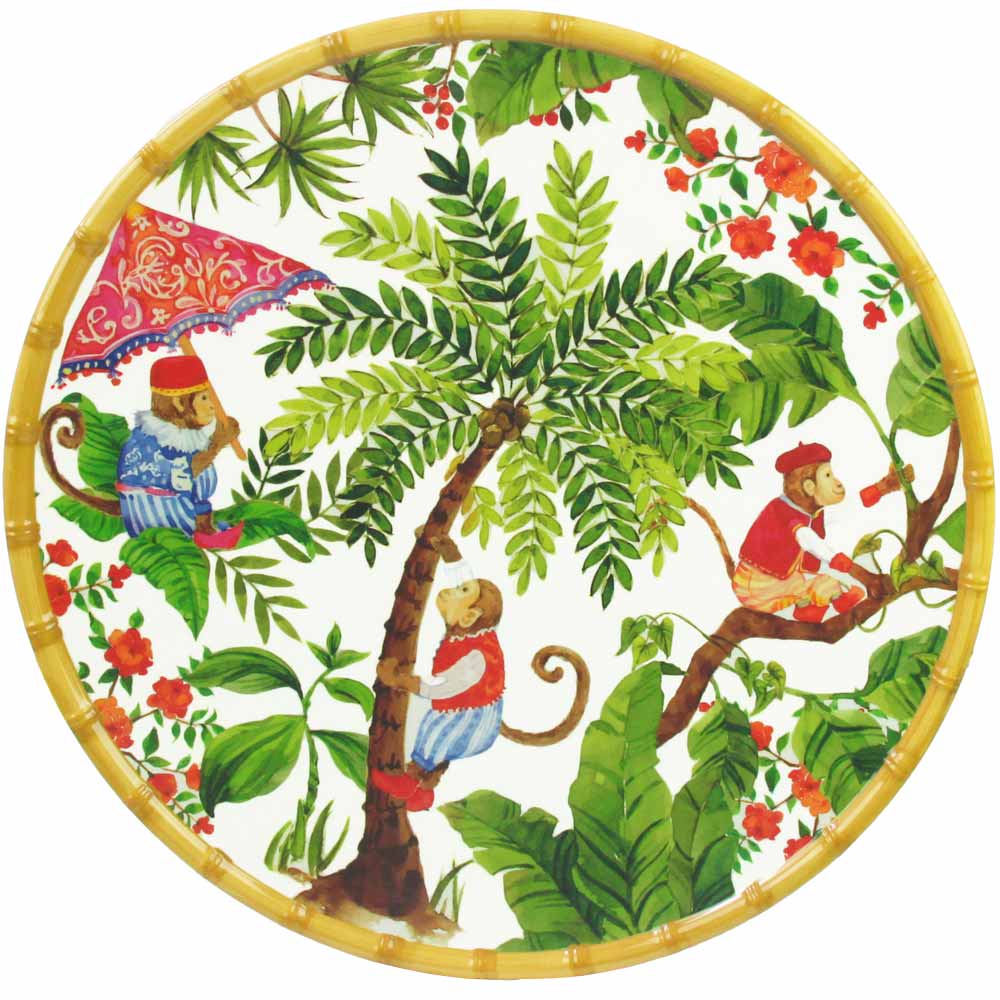 Runder Servierteller - mit Bambusrand - reines Melamin- 35,5 cm - Affen aus Bali