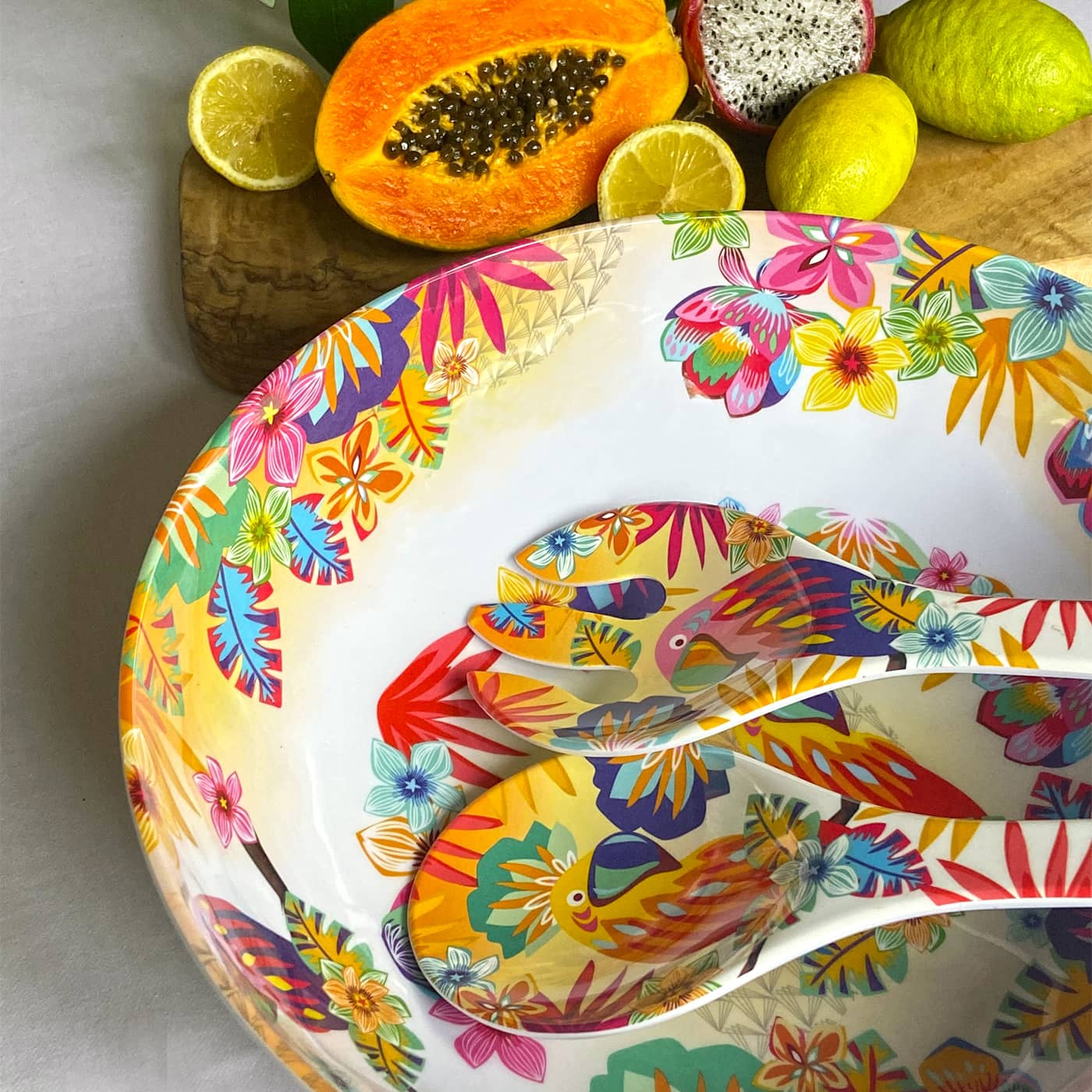 Große Salatschüssel aus Melamin - Ř 31 cm - Papageien von Bahia