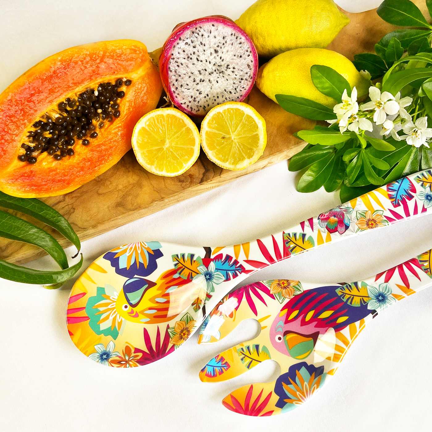 Salatbesteck Pure aus Melamin - 33 cm - Papageien von Bahia