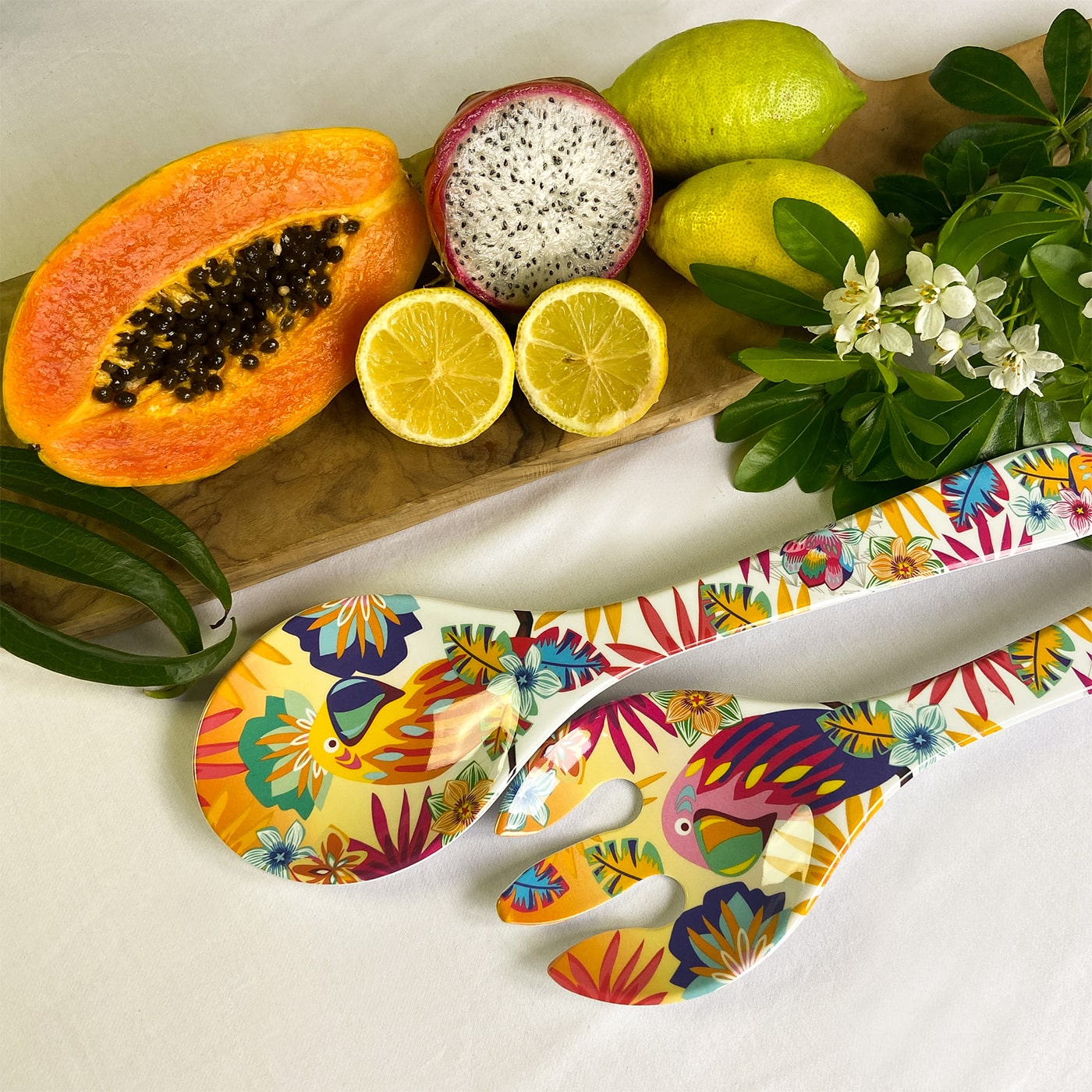 Salatbesteck Pure aus Melamin - 33 cm - Papageien von Bahia