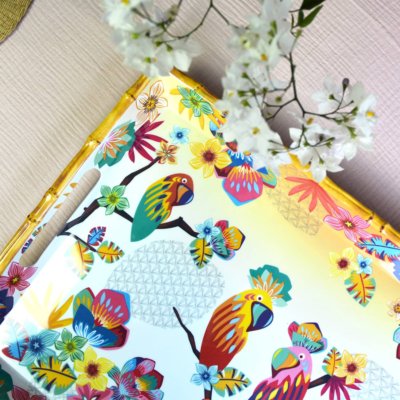 Großes Tablett mit Griffen aus Melamin - 50 cm - Papageien von Bahia