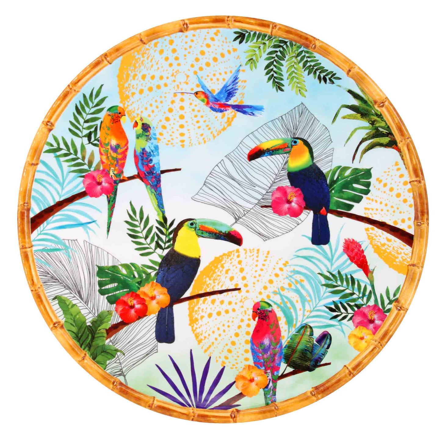 Runder Servierteller - mit Bambusrand - reines Melamin - 35,5 cm - Tukanen aus Rio