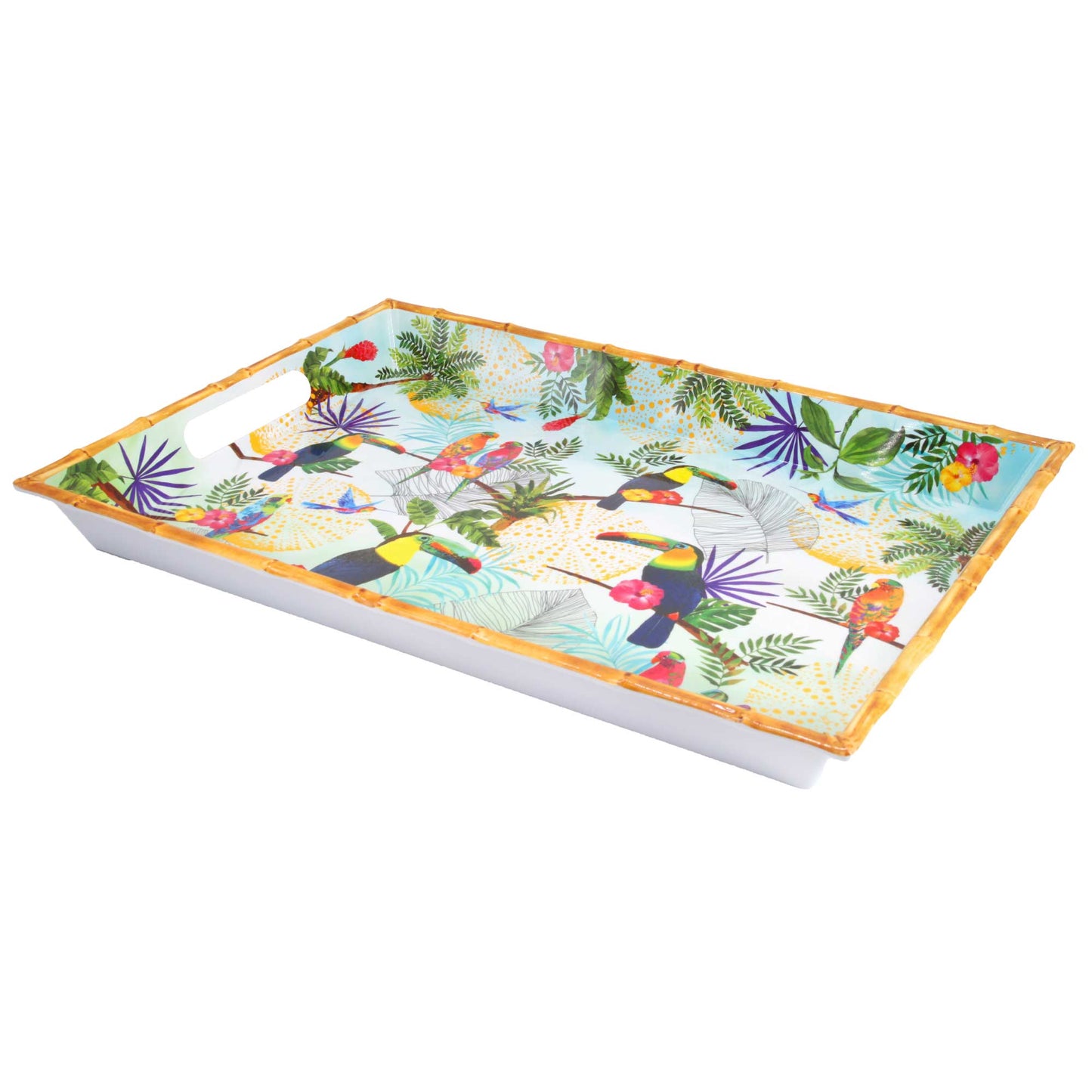 Großes bedrucktes Tablett mit Griffen - reines Melamin - 50 cm - Tukanen aus Rio