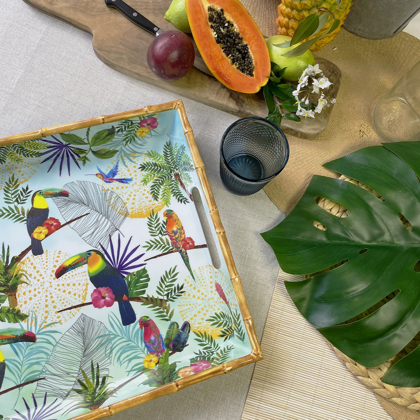 Großes bedrucktes Tablett mit Griffen - reines Melamin - 50 cm - Tukanen aus Rio
