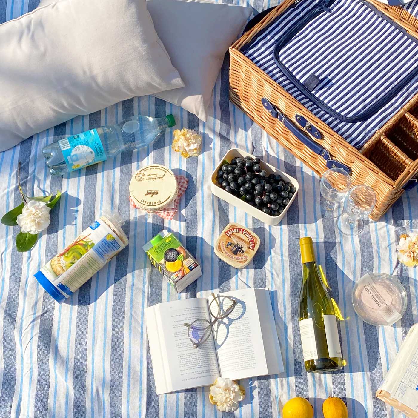 Picknickdecke wasserdicht blau und weiß gestreift (140 x 140 cm)