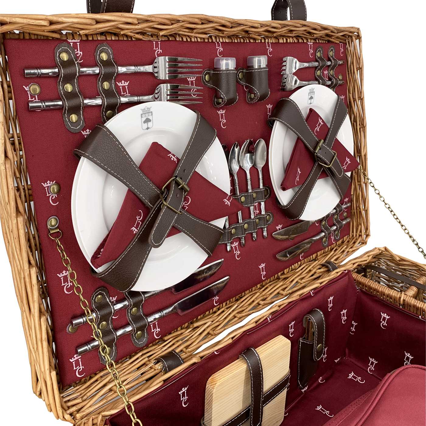 Picknickkorbe aus Weide und Leder "Champs-Elysées" bordeauxrot - 4 Personen