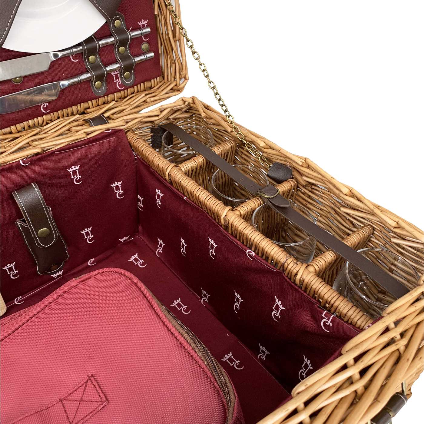 Picknickkorbe aus Weide und Leder "Champs-Elysées" bordeauxrot - 4 Personen