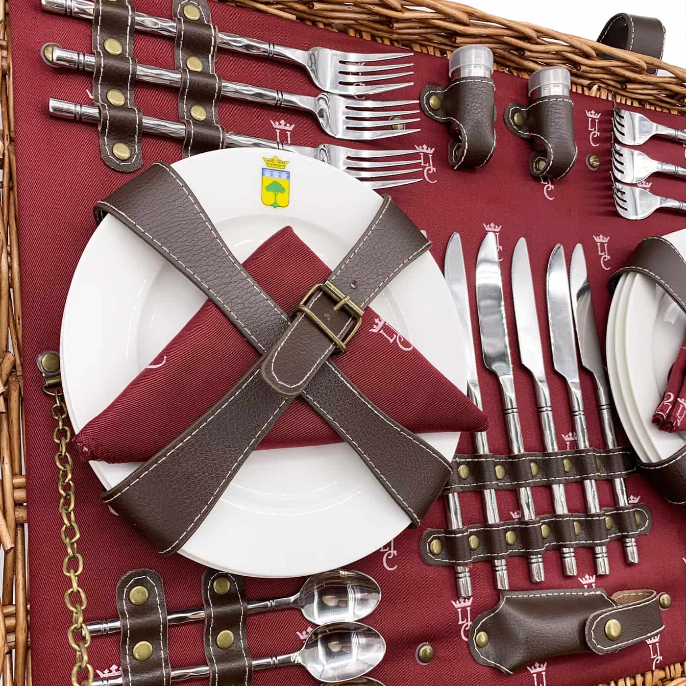 Picknickkorbe aus Weide und Leder "Champs-Elysées" bordeauxrot - 6 Personen