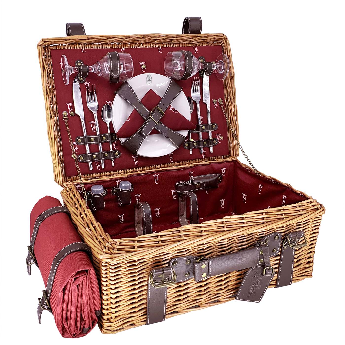 Picknickkorbe aus Weide und Leder "Champs-Elysées" bordeauxrot - 2 Personen