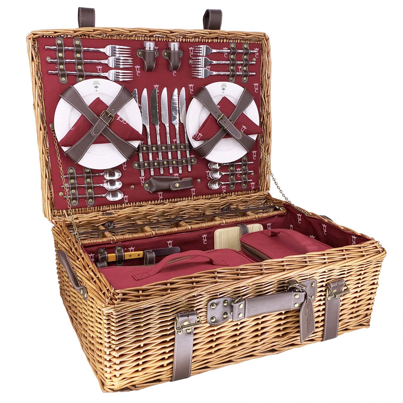 Picknickkorbe aus Weide und Leder "Champs-Elysées" bordeauxrot - 6 Personen