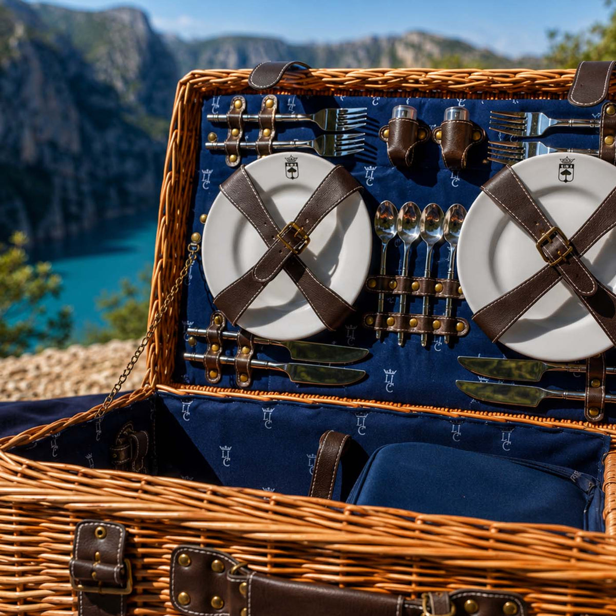 Picknickkorbe aus Weide und Leder "Champs-Elysées" blau - 4 Personen