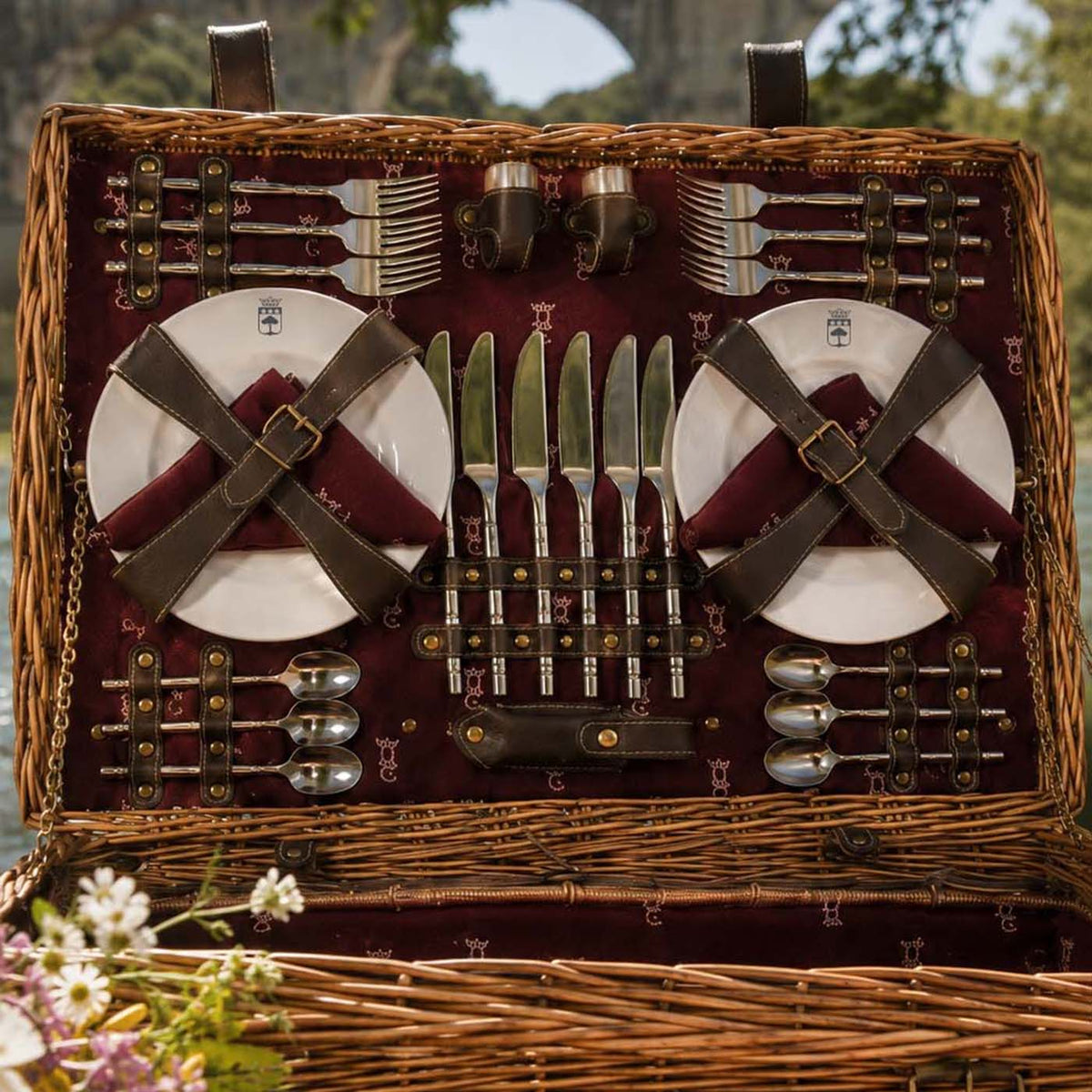 Picknickkorbe aus Weide und Leder "Champs-Elysées" bordeauxrot - 6 Personen