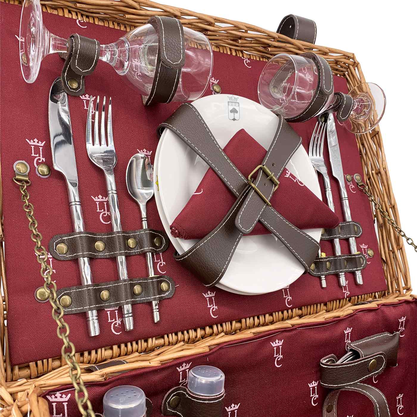 Picknickkorbe aus Weide und Leder "Champs-Elysées" bordeauxrot - 2 Personen