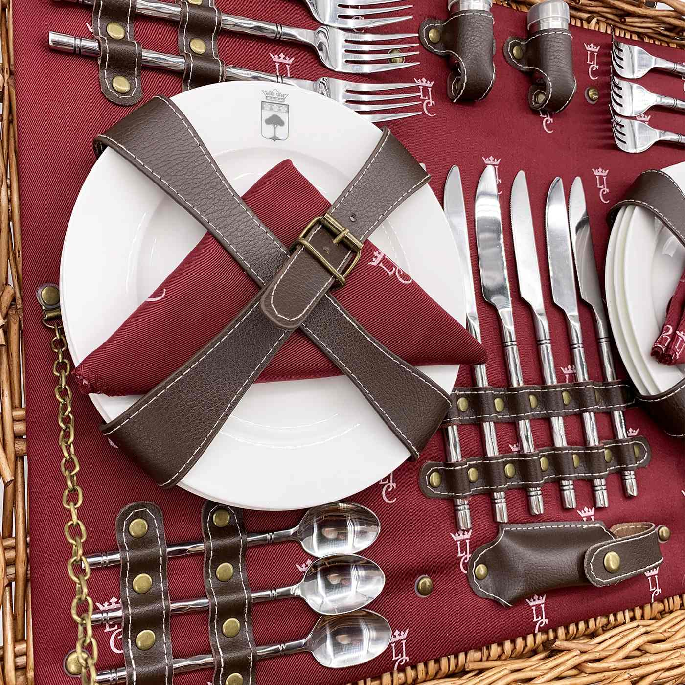 Picknickkorbe aus Weide und Leder "Champs-Elysées" bordeauxrot - 6 Personen