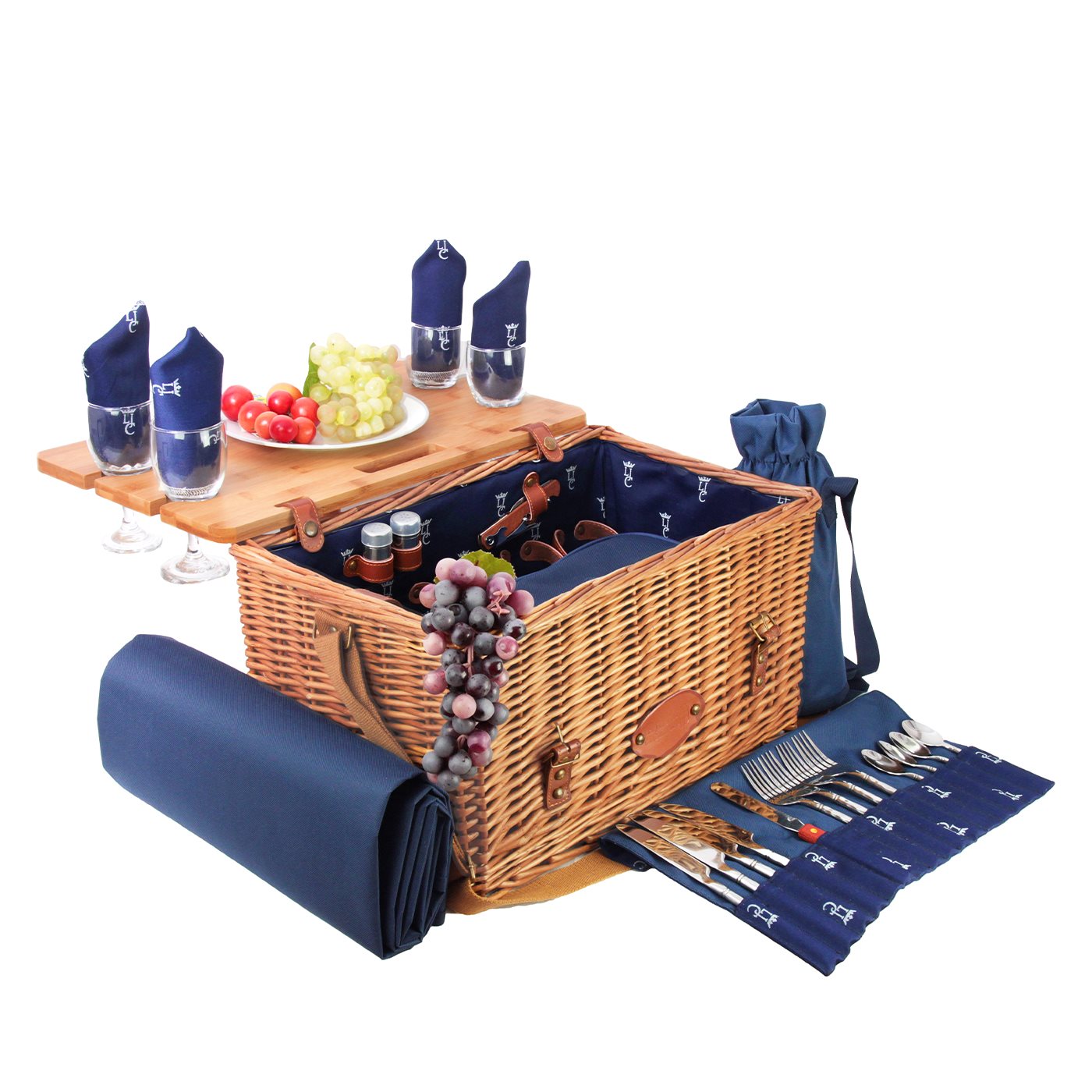 Picknickkorb mit Leder „Saint-Honoré“ in blau - 4 Personen