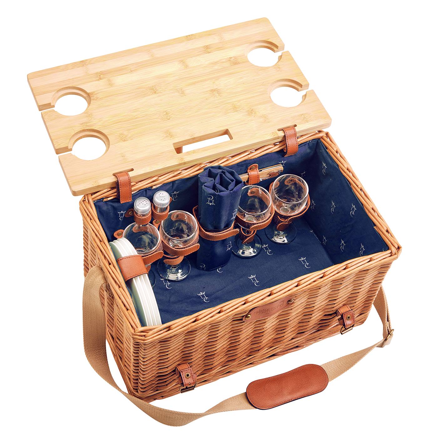 Picknickkorb mit Leder „Saint-Honoré“ in blau - 4 Personen