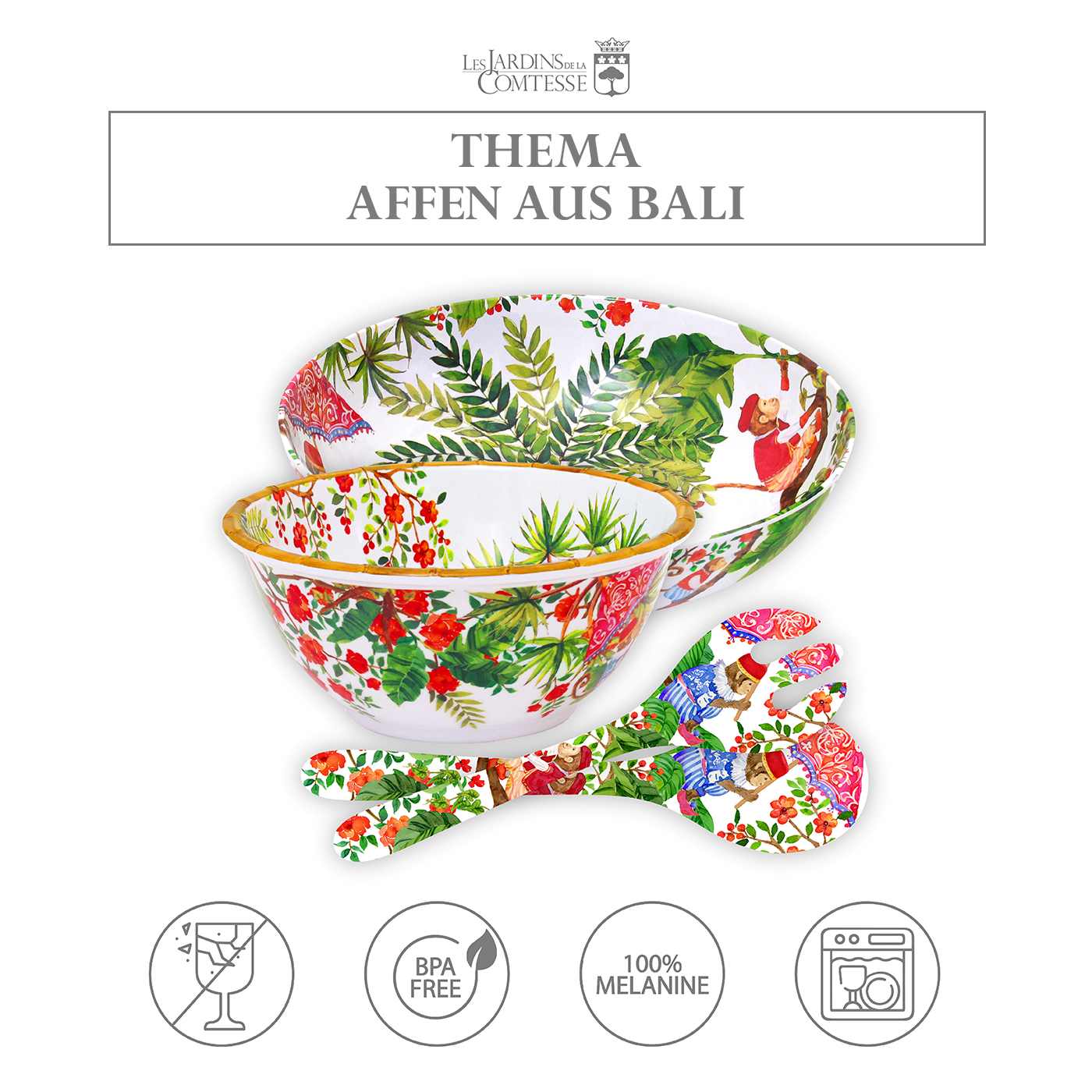 Salatbesteck aus reinem Melamin - 33 cm - Affen aus Bali