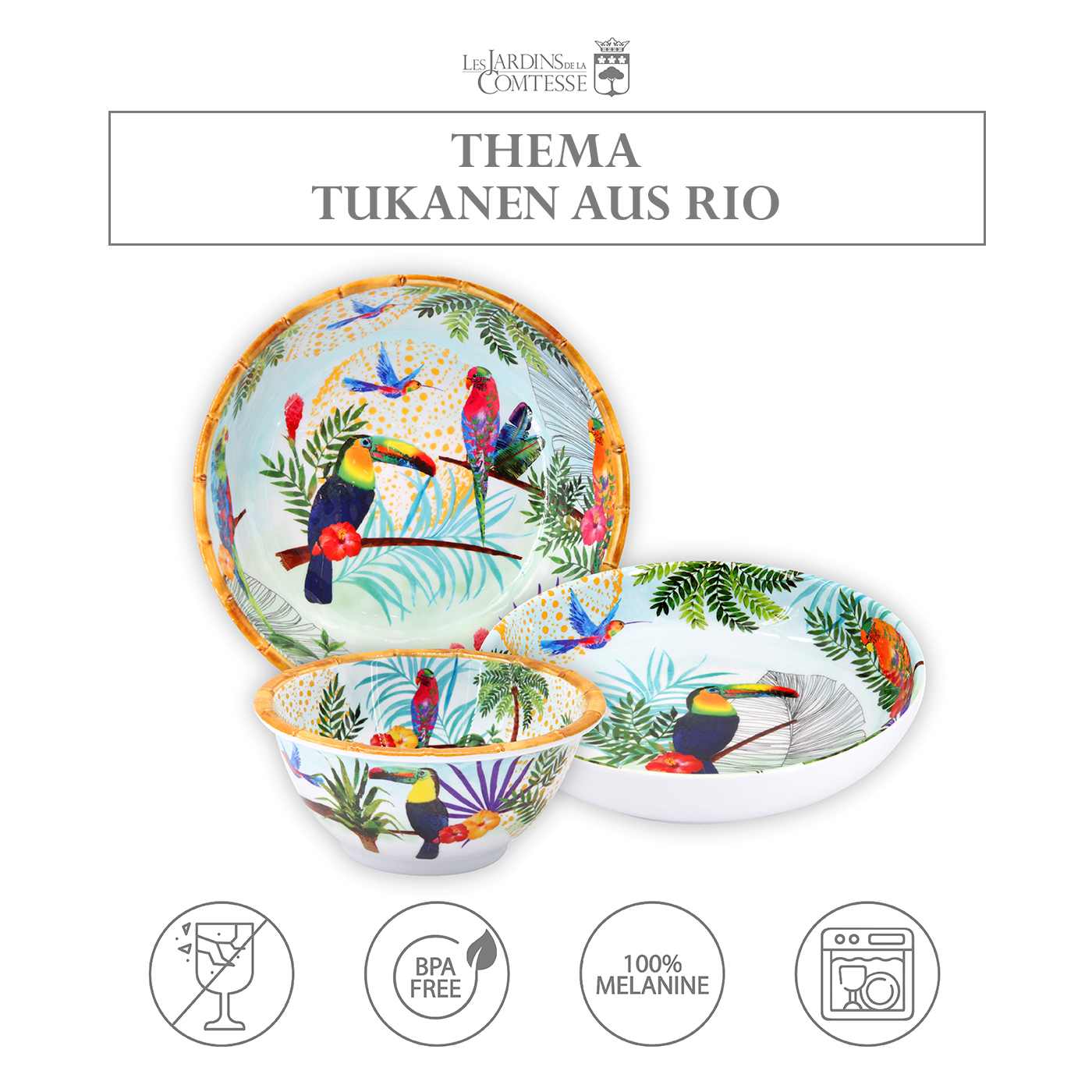 Große Hohlplatte aus reinem Melamin - 23 cm - Tukanen aus Rio