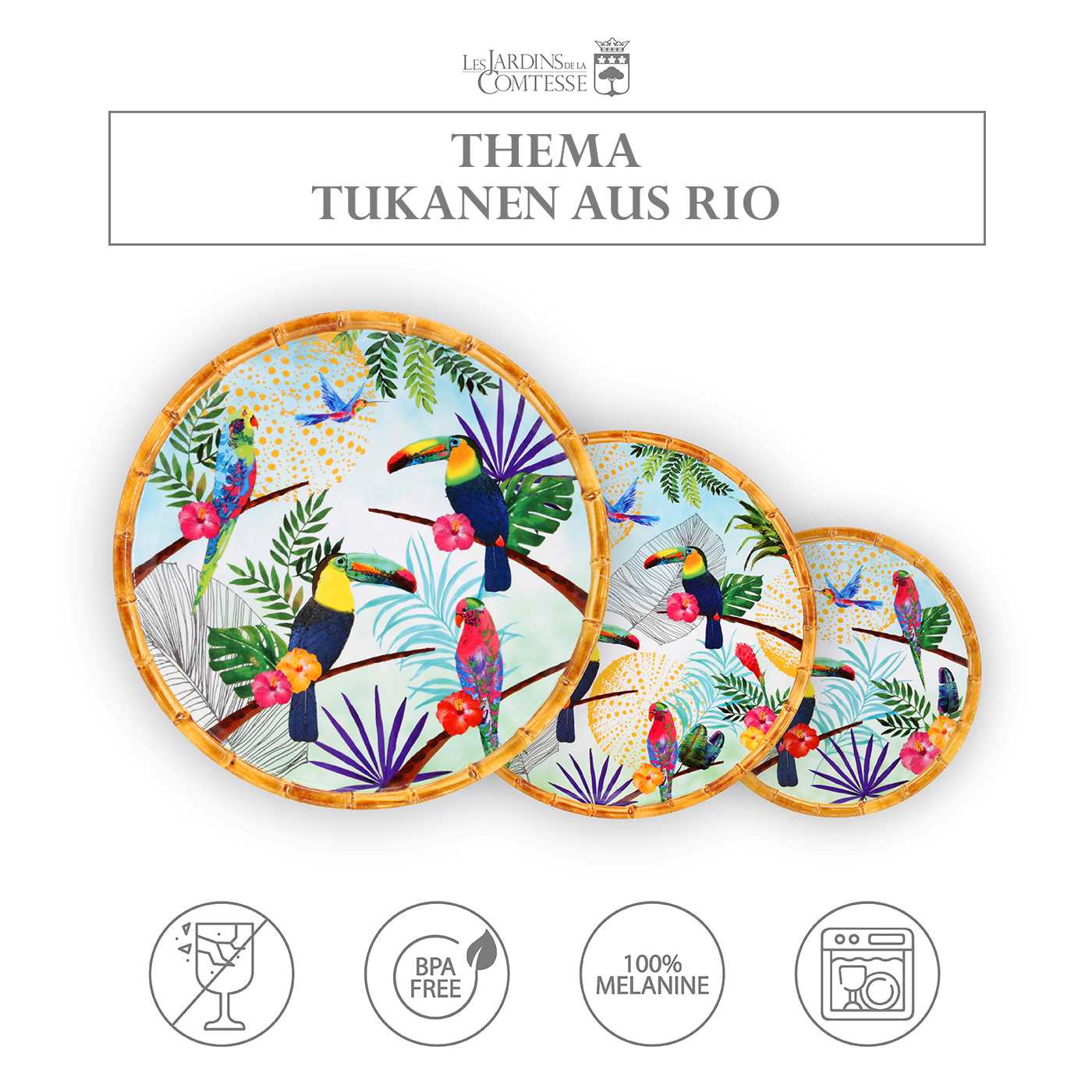 Runder Servierteller - mit Bambusrand - reines Melamin - 35,5 cm - Tukanen aus Rio