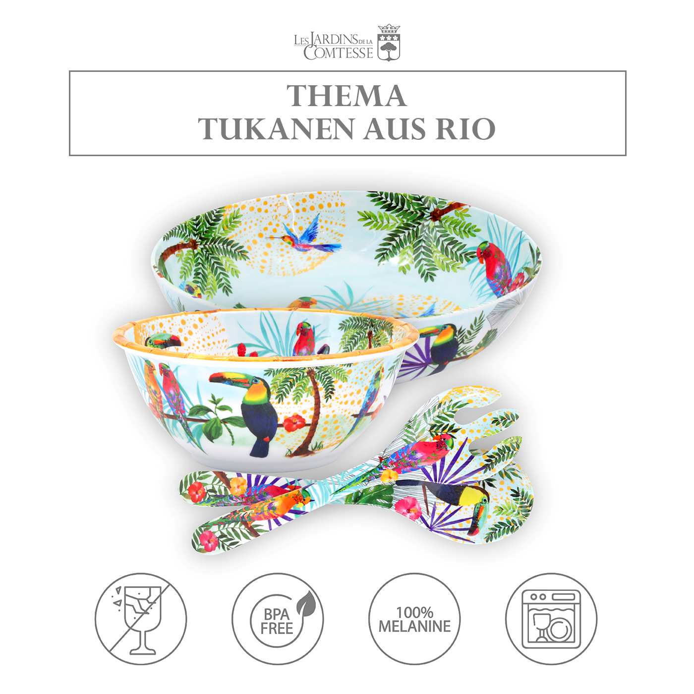 Tiefe, große Salatschüssel - reines Melamin - 25 cm- Tukanen aus Rio