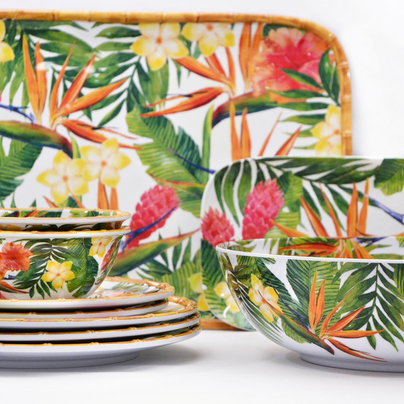Große Salatschüssel aus reinem Melamin - 31 cm - Exotische Blumen