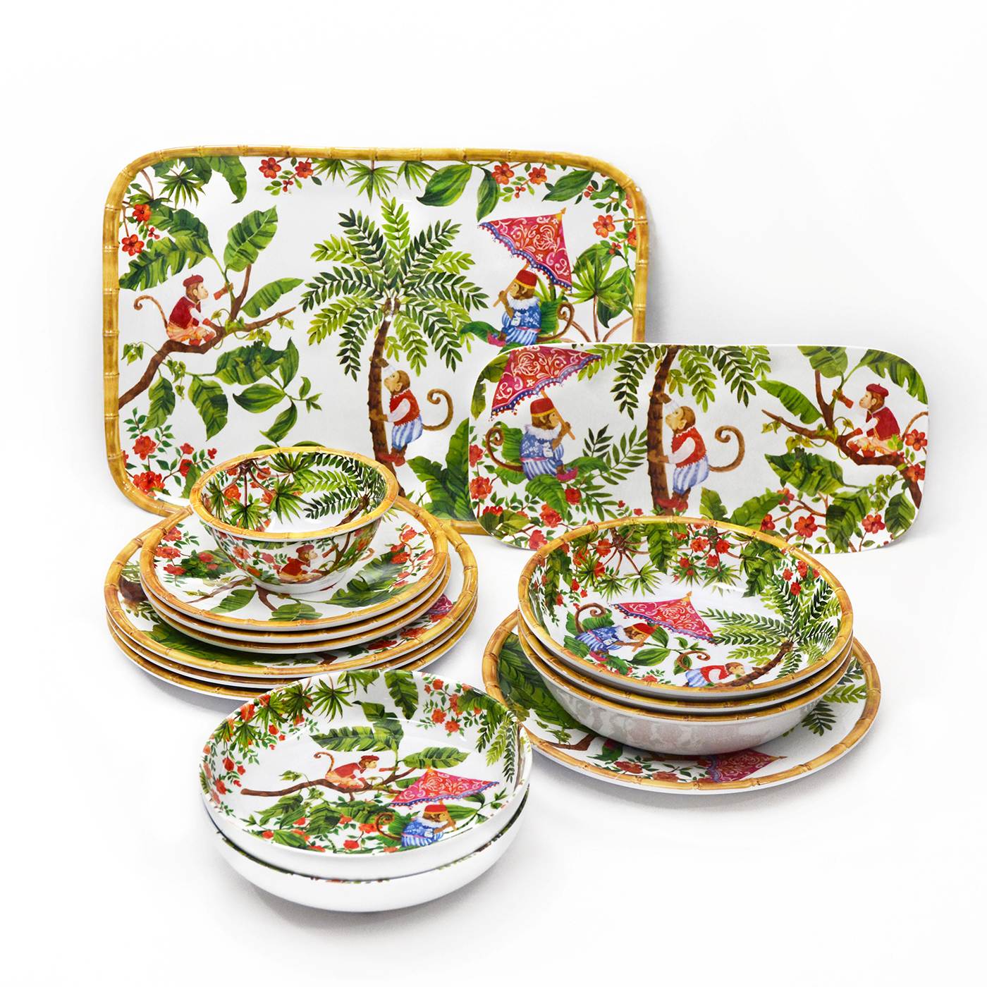 Runder Servierteller - mit Bambusrand - reines Melamin- 35,5 cm - Affen aus Bali
