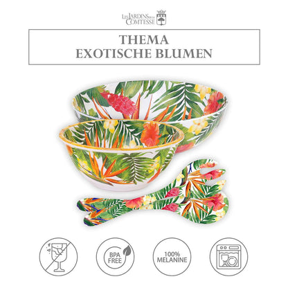Tiefe, große Salatschüssel - reines Melamin - 25 cm- Exotische Blumen