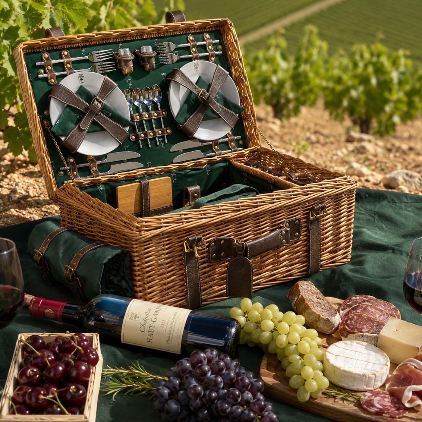Picknickkorbe aus Weide und Leder "Champs-Elysées" grünem - 4 Personen
