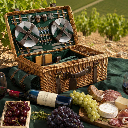 Picknickkorbe aus Weide und Leder "Champs-Elysées" grünem - 4 Personen