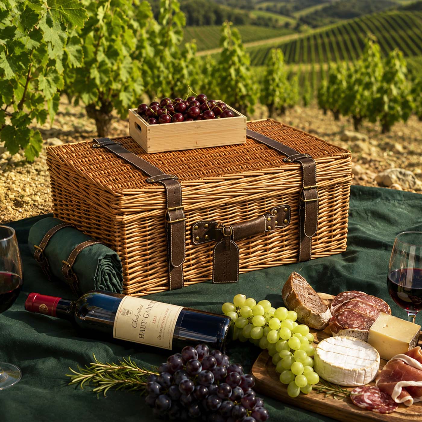 Picknickkorbe aus Weide und Leder "Champs-Elysées" grünem - 4 Personen