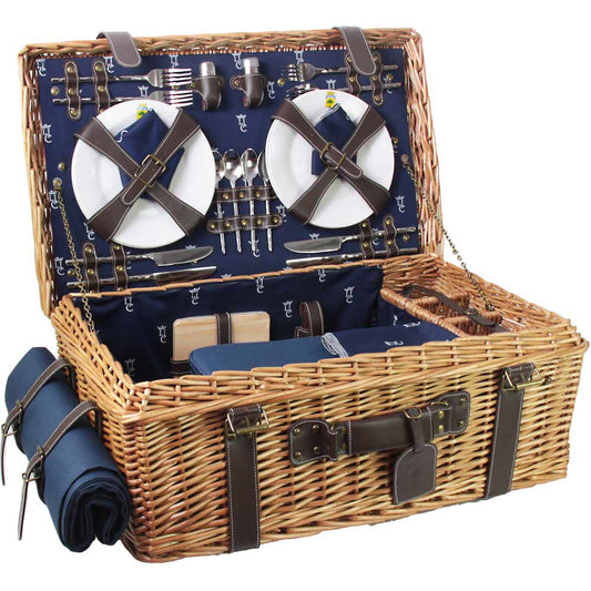 Picknickkorb „Champs-Elysées“ aus Weidengeflecht und echtem Leder, dunkelblau – für 4 Personen