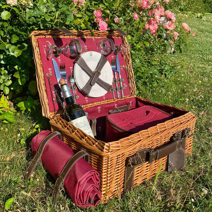 Picknickkorbe aus Weide und Leder "Champs-Elysées" bordeauxrot - 2 Personen