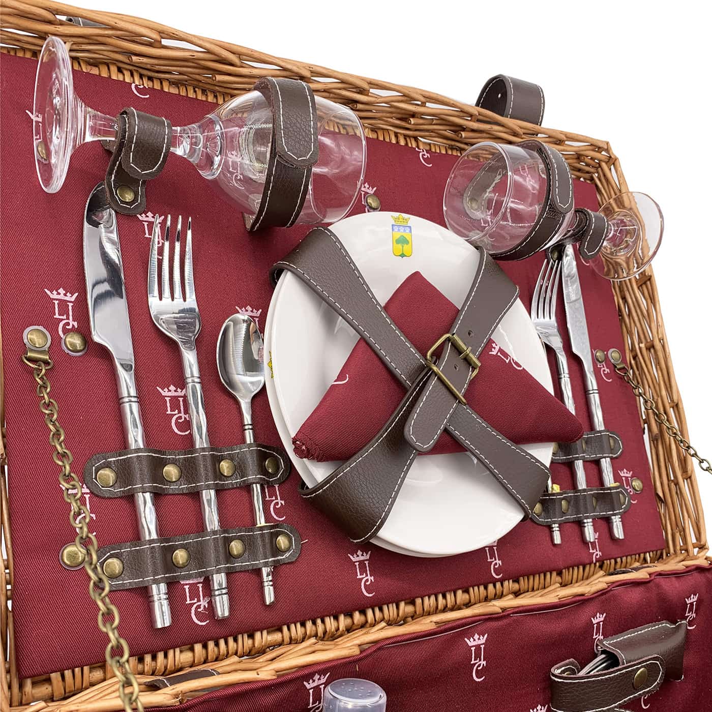 Picknickkorbe aus Weide und Leder "Champs-Elysées" bordeauxrot - 4 Personen