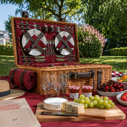 Picknickkorbe aus Weide und Leder "Champs-Elysées" bordeauxrot - 4 Personen