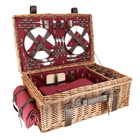 Picknickkorbe aus Weide und Leder "Champs-Elysées" bordeauxrot - 4 Personen